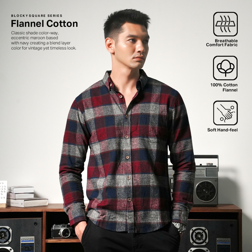 NEW Kemeja flannel cotton OXCON maroon navy