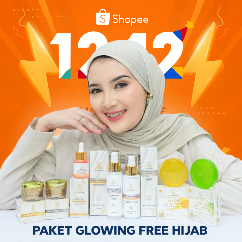 PAKET  GLOWING AINYSKINCARE FREE HIJAB serum facial wash cream siang cream malam