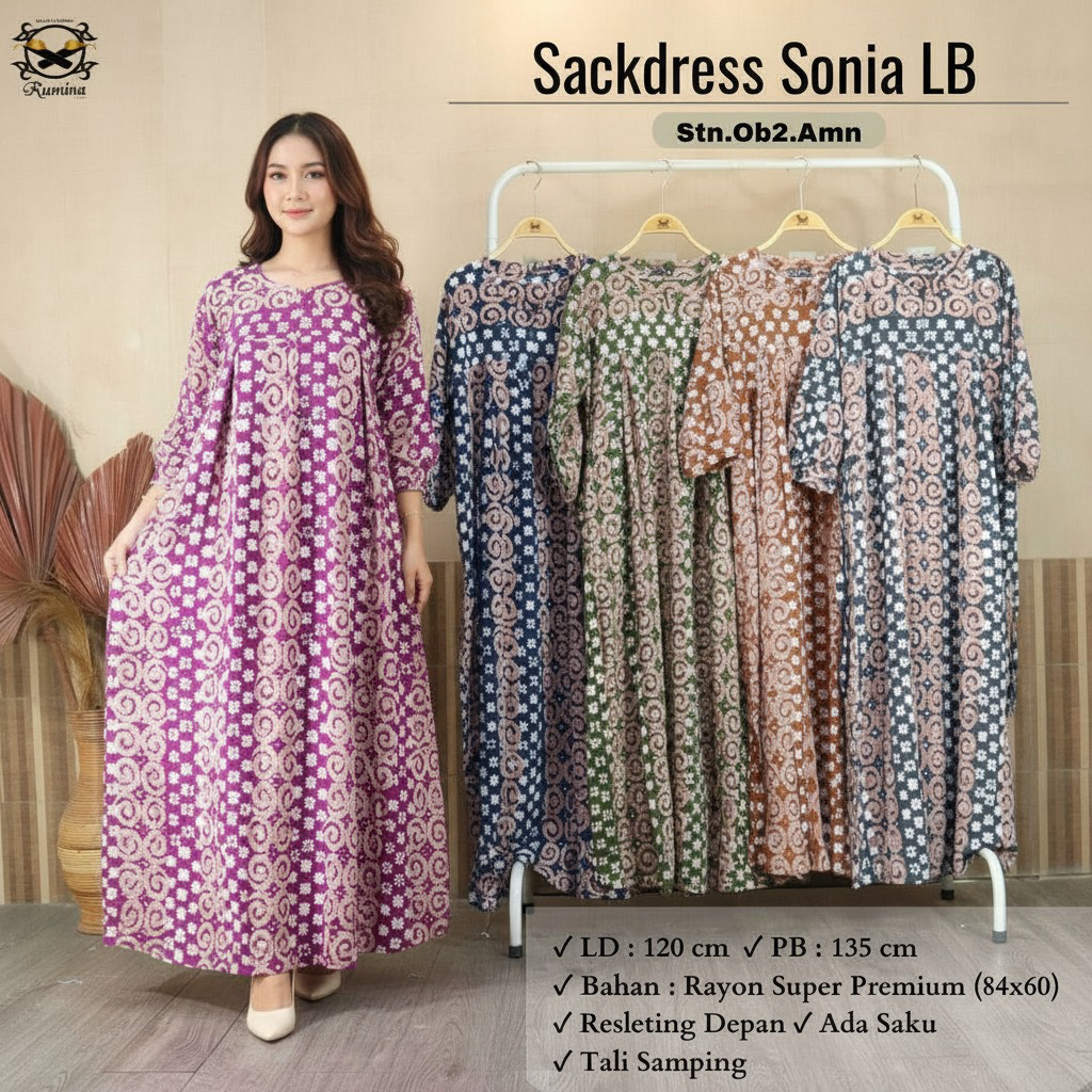 RM (LD 120 PB 135)READY STOK Sackdress SONIA LB Rumina Batik Ruffle Cantik Maura Klok Lengan 7/8 Das