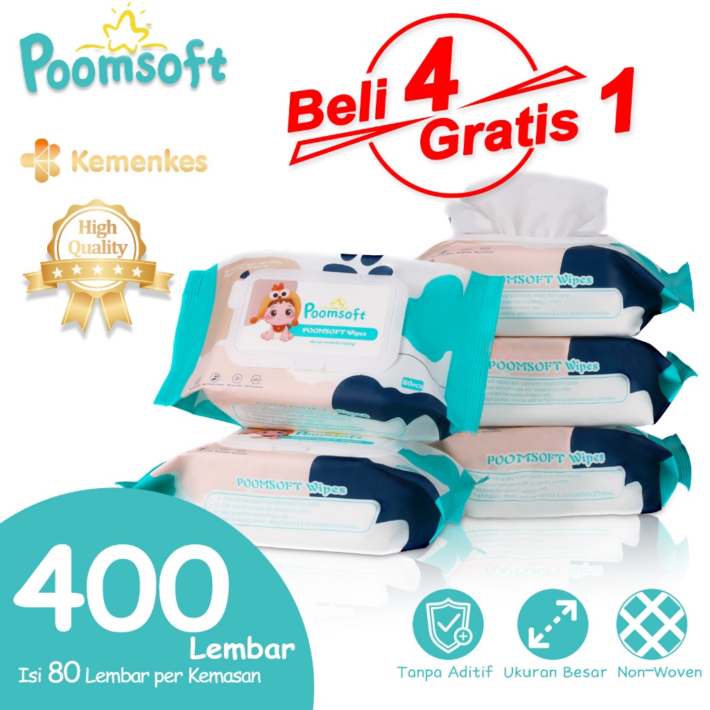Poomsoft Beli 4 Gratis 1 Tisu Basah Bayi 5 Packs x  80 Lembar Lembut Tanpa Alkohol Tanpa Aroma Set B