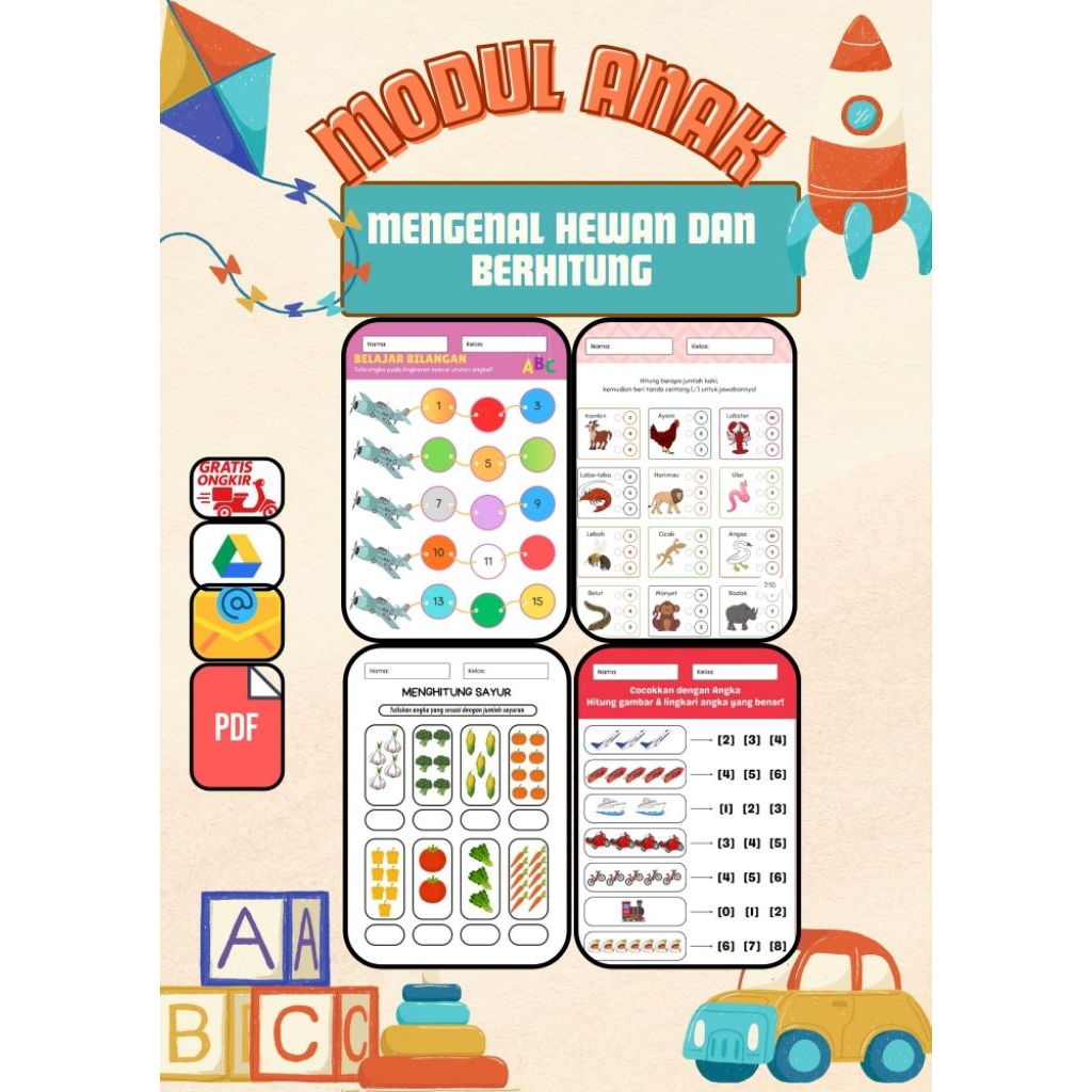 Worksheet anak pembelajaran anak TK SD PAUD belajar mencocokan gambar dan berhitung file PDF