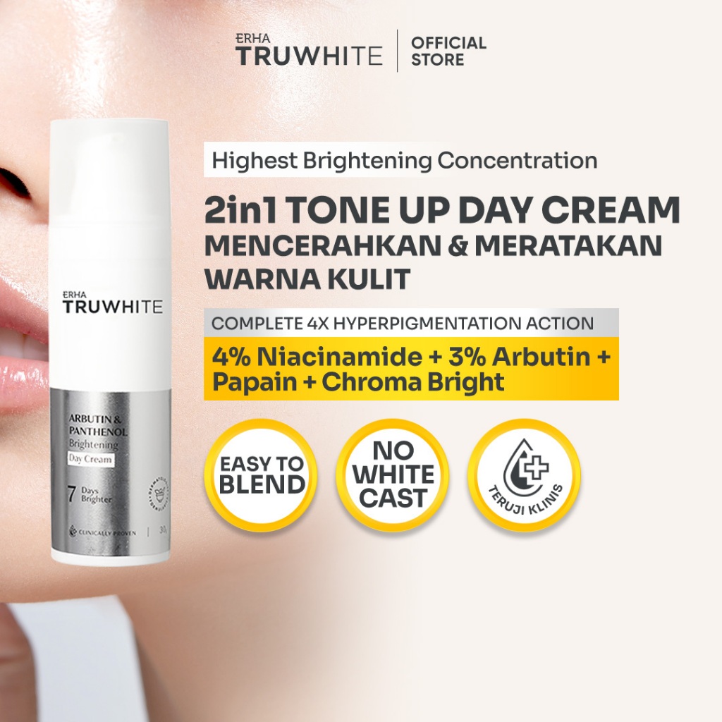 ERHA Truwhite Brightening Day Cream 30g - 2in1 Tone Up Day Cream with Niacinamide, Arbutin, Pantheno