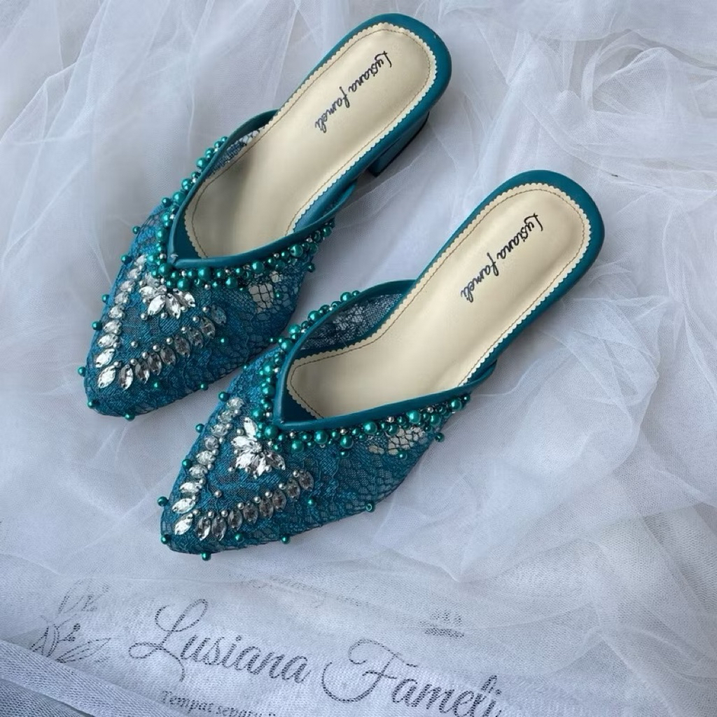 Bae runa  | Sepatu brukat selop heels Payet  hak tahu shoes wedding lamaran wisuda sepatu pengantin 