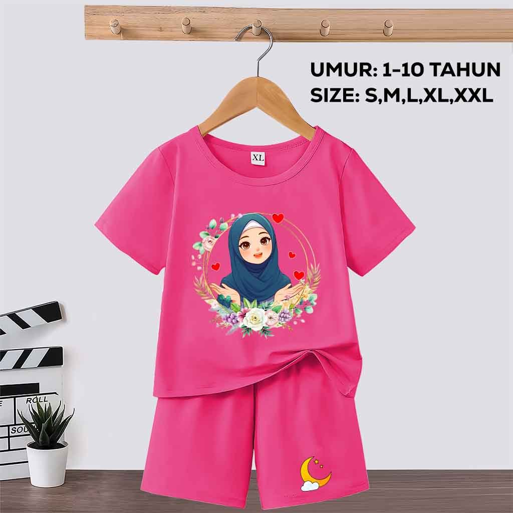 Setelan Anak Muslimah Umur 1-10 Tahun Motif Muslimah Kasih Sayang Baju Anak Perempuan Lengan Pendek