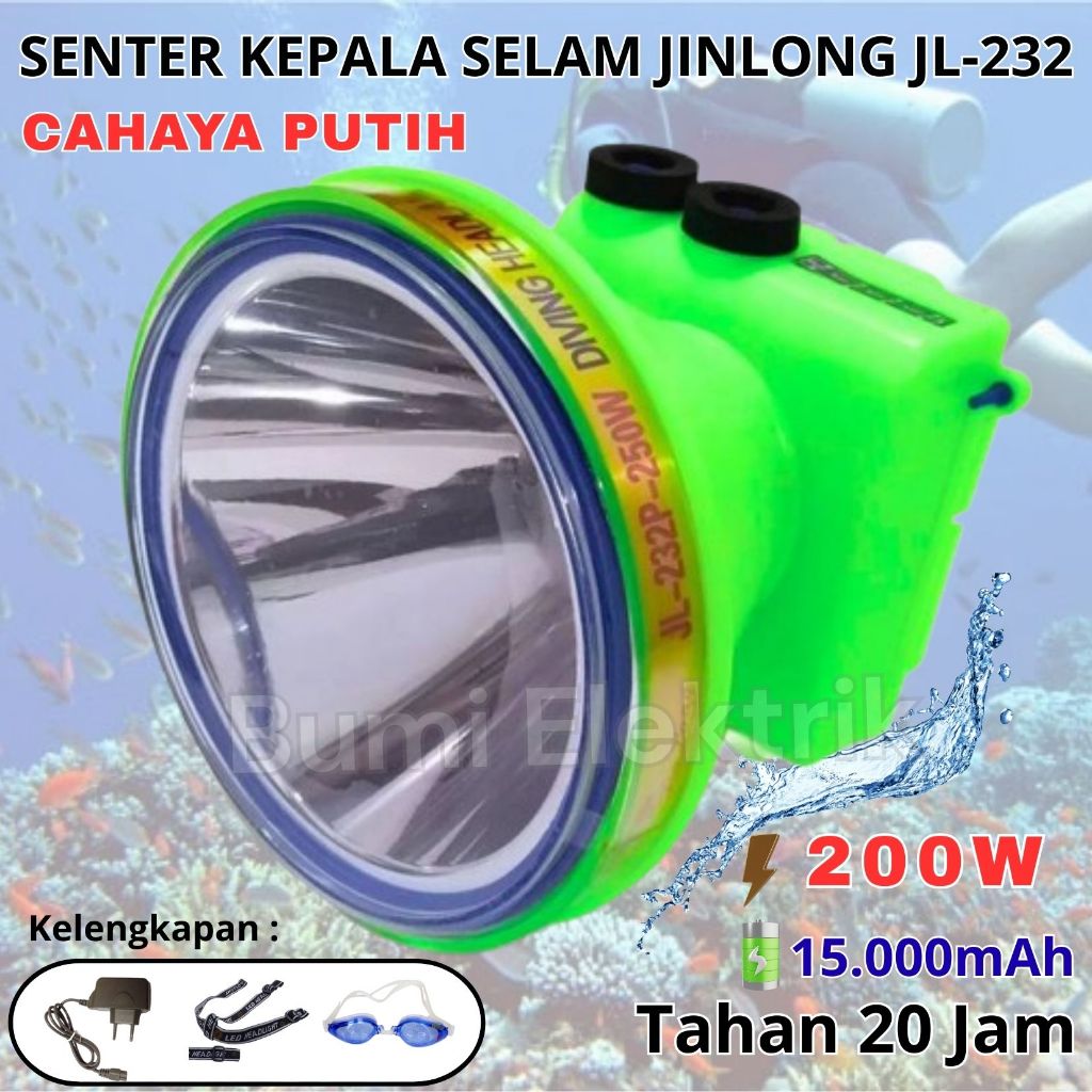Senter Kepala Selam JINLONG JL-232P | Cahaya Putih Free Kacamata Renang Senter Kepala 200W Jinlong