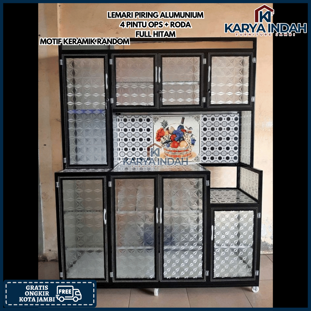 Lemari Rak Piring Dapur ALUMUNIUM 4 Pintu FULL HITAM OPS Magic Com Kaca Polos Roda Alumunium