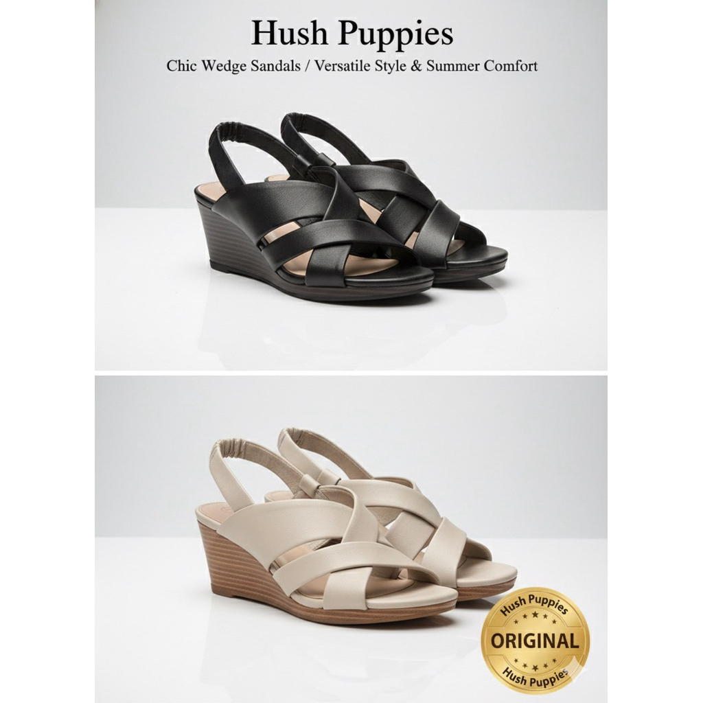 NEW Wedges Hush Puppies Marion Fox Black Beige Sandal Wanita Hush Puppies Wedges Putih Hitam