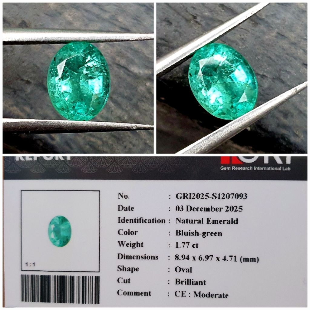 natural Emerald Beryl 1.77ct jamrud Zamrud Colombia estimasi Memo GRI non Origin Bluish-Green krista
