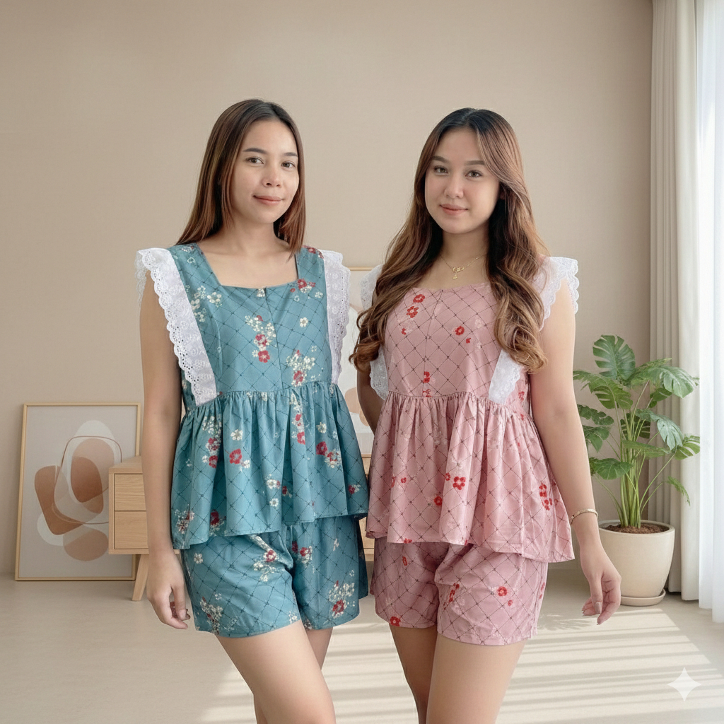 LADIES SET ONESET PENDEK RAYON PREMIUM MIX KATUN BOLONG PIYAMA KEKINIAN