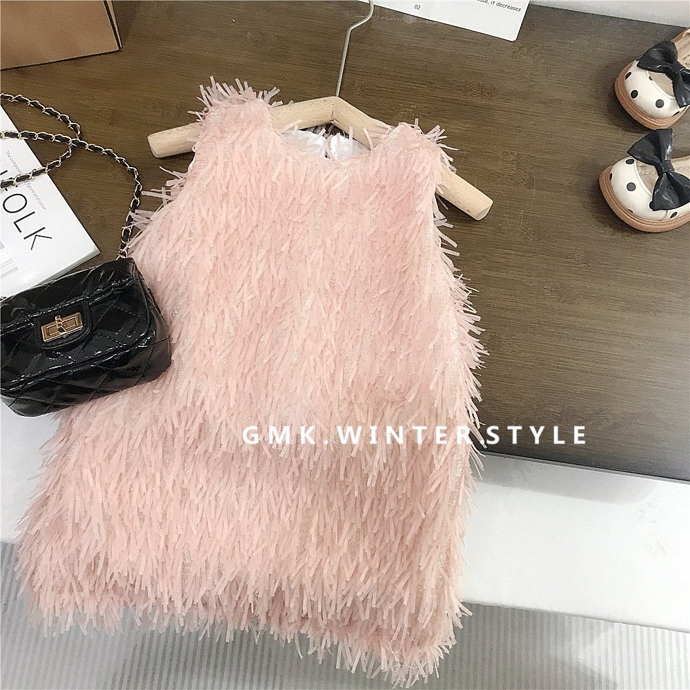 (03112523) Tassel Sleeveless Vall Dress / Dress anak perempuan pink bulu-bulu
