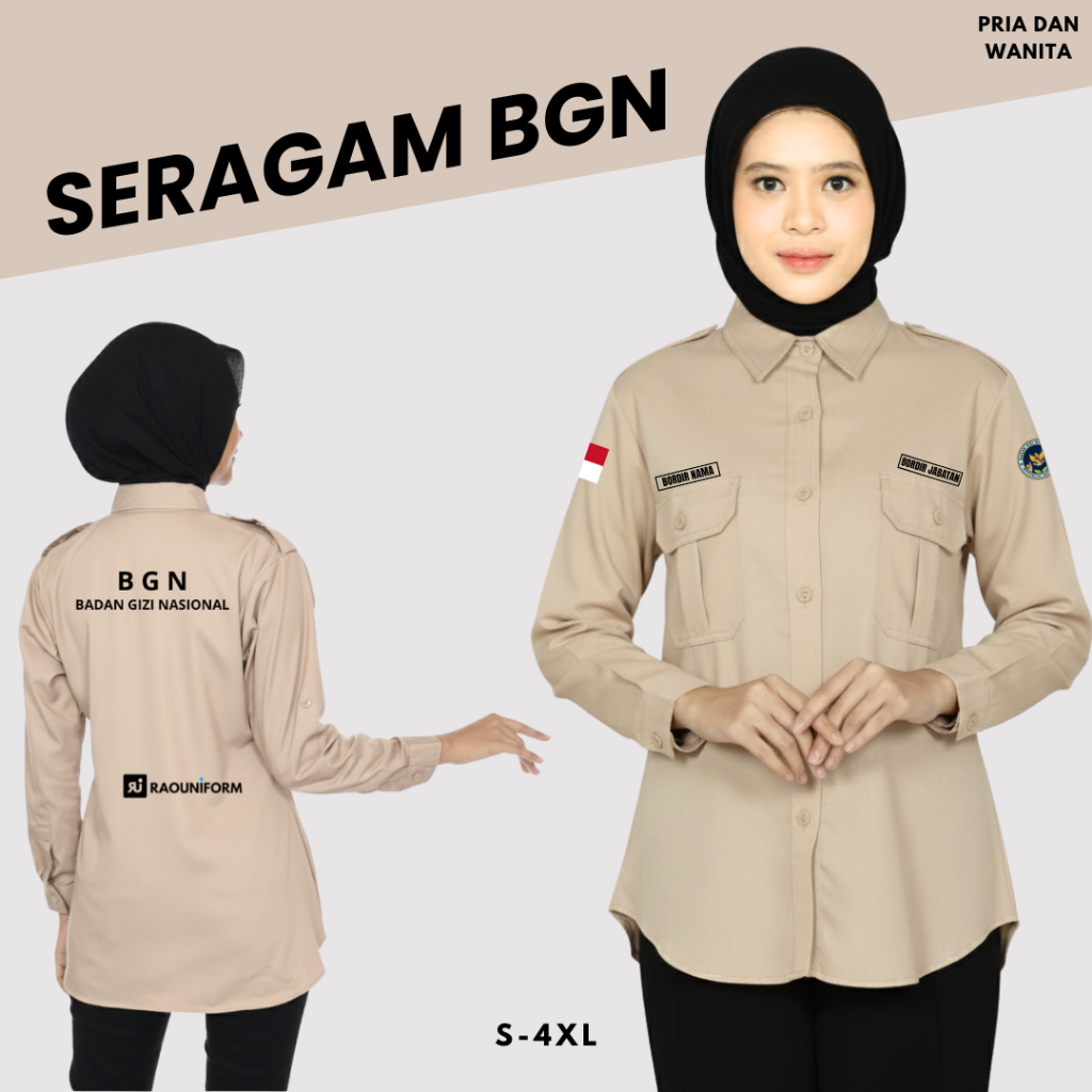 Raouniform PDL BGN Krem Wanita Lengan Panjang Bordir Logo, Nama dan Jabatan Free Bordir Seragam BGN