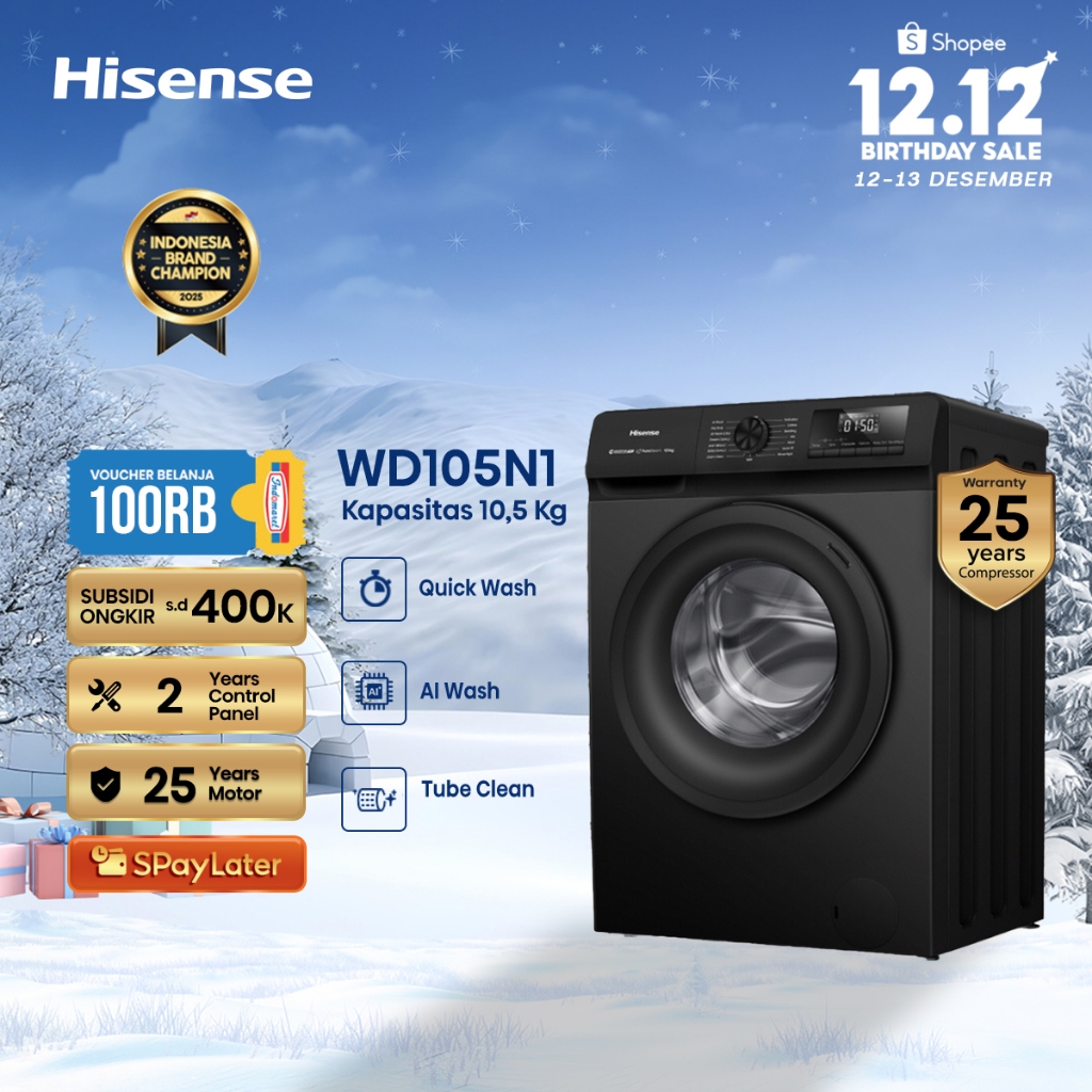 Hisense Mesin Cuci WD105N1 Front Loading Kapasitas 10.5KG 1 Tabung Bukaan Depan Active Water Plus AI