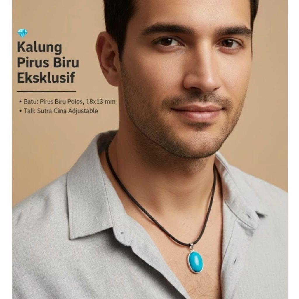 kalung tali hitam halus batu akik pirus biru polos los