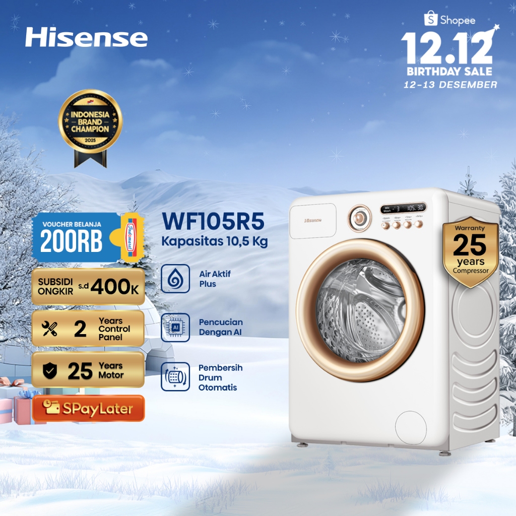 Hisense Mesin Cuci WF105R5 Front Loading Kapasitas 10.5KG 1 Tabung Bukaan Depan Active Water Plus (B
