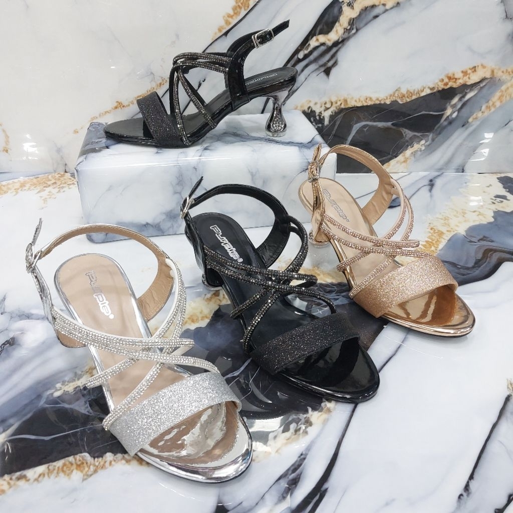 PURPLE Sandal Pesta Glitter Mewah Heels Tali Mutiara  MF 711  Sepatu Pesta Wanita