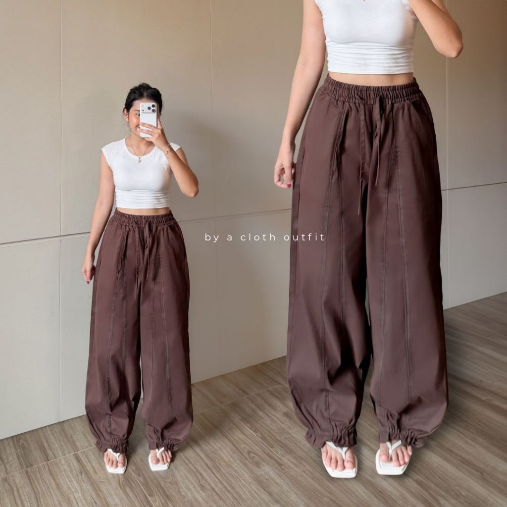 BYACLOTH - Celi Barrel Pants - Celana Panjang Wide Leg Dengan Wrinkle - Adjustable Wide Pants - Cela