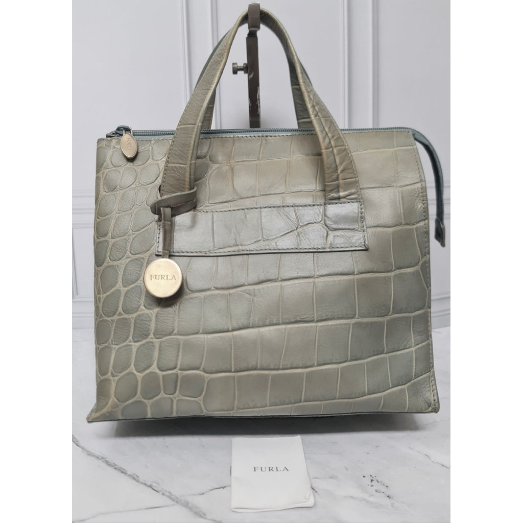 Furla Crocodile Embossed Green Handbag ORIGINAL Kulit Tas