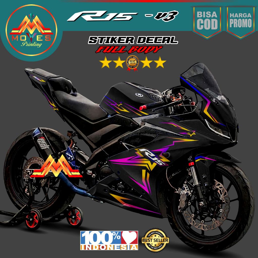 Stiker variasi Yamaha R15 V3 full body hitam list warna - decal stiker full body r15