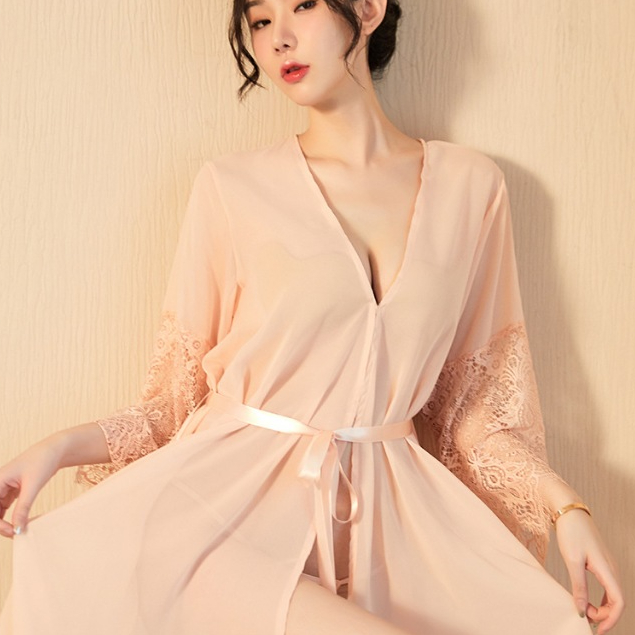 Baju Tidur Sexy  Kimono Tidur Lengan Panjang Renda Tali Sexy Kemeja Tidur Wanita Nyaman Halus / Kimo