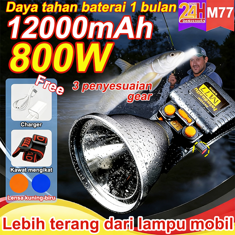 [Pengiriman 24H] Senter Kepala 800W 12000mAh Tahan Hingga 50 Jam IPX8 Tahan Air Super Terang LED Rec