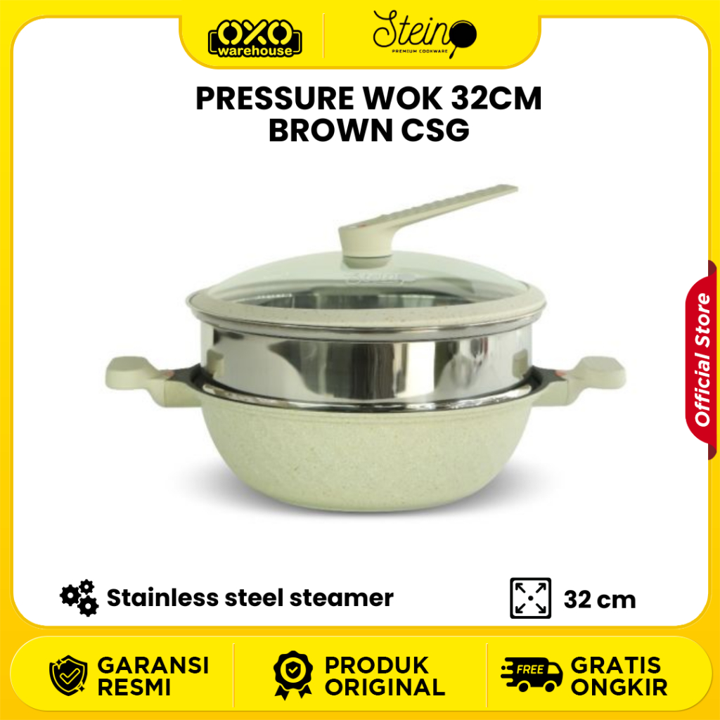 STEIN – Pan Platinum Pressure Wok 32CM Brown CSG Dilengkapi Steamer Stainless Steel Garansi Resmi