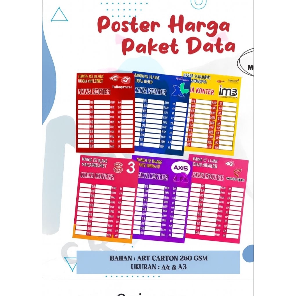 Poster Daftar Harga Pulsa Konter Telkomsel 3 Axis Im3 Smart fren
