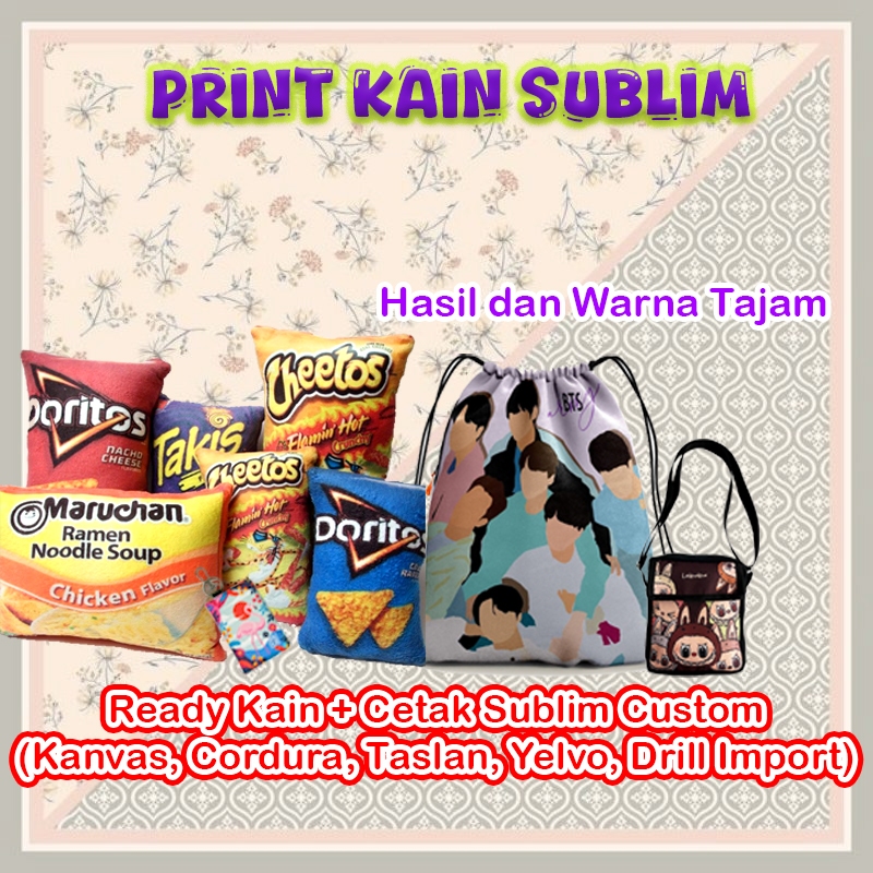 Bahan Kain + Print Sublim Custom - Custom Printing Sublim Kain Untuk Tas, Pouch dll (Kanvas Polyeste