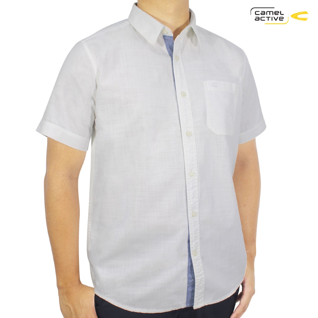 camel active Men's White Cotton Slub Short Sleeve Shirt
