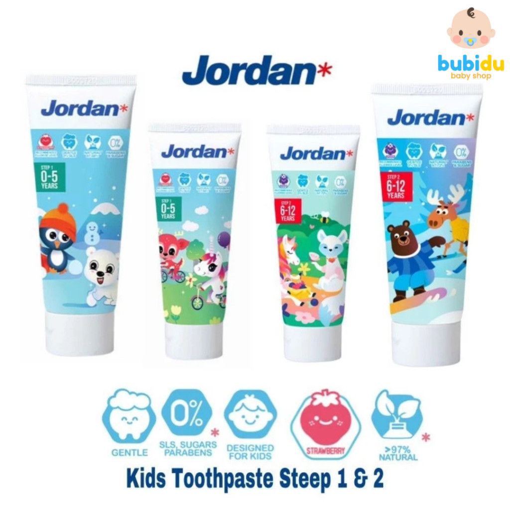 JORDAN Pasta Gigi Anak Jordan Step 1-2  (0-5 Tahun) - Rasa Strawberry, Aman untuk Gusi