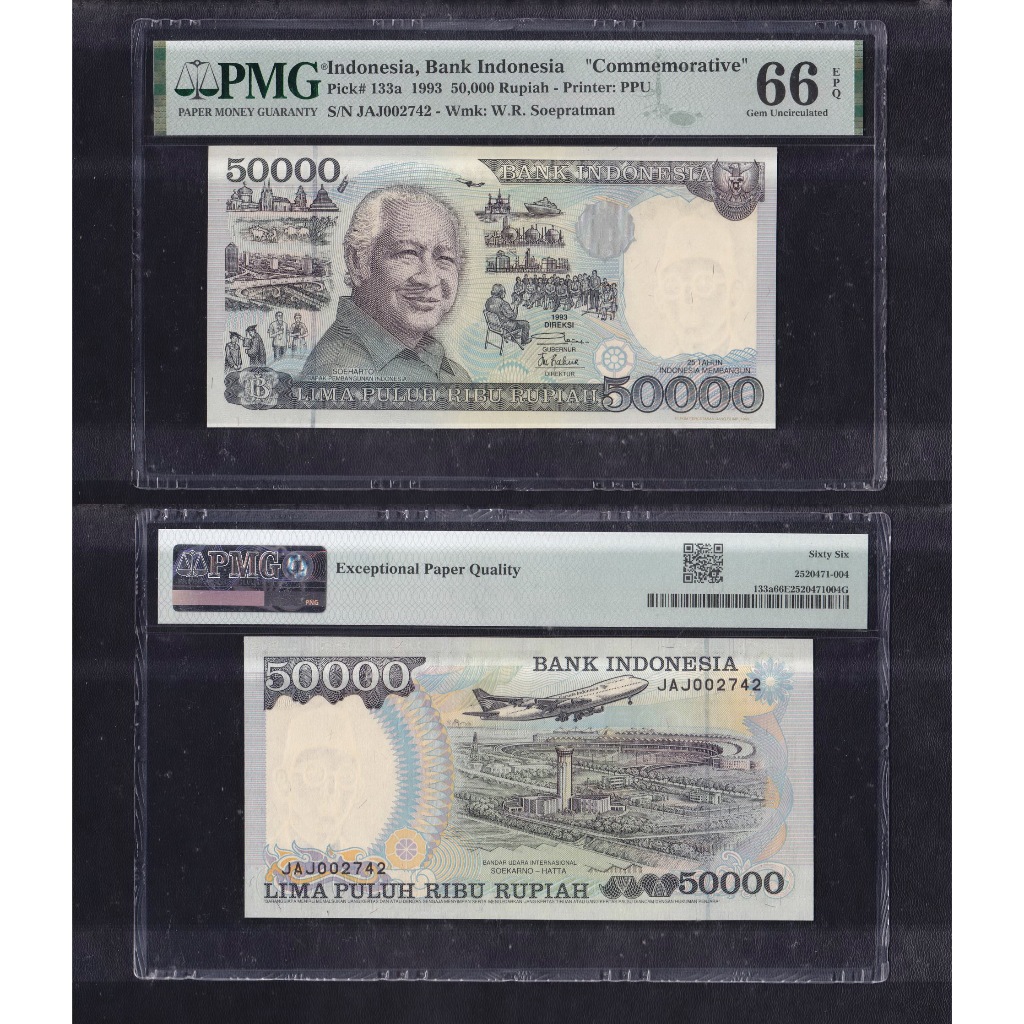 Uang kuno PMG 66 EPQ - 50000 Rupiah tahun 1993 Suharto S/N JAJ002742