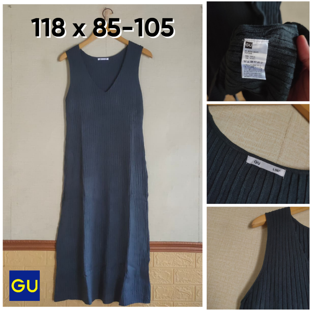 Long Dress Rajut GU Dark Grey Kutung V Neck Size L Wanita Atasan Rajut Lidi Inner