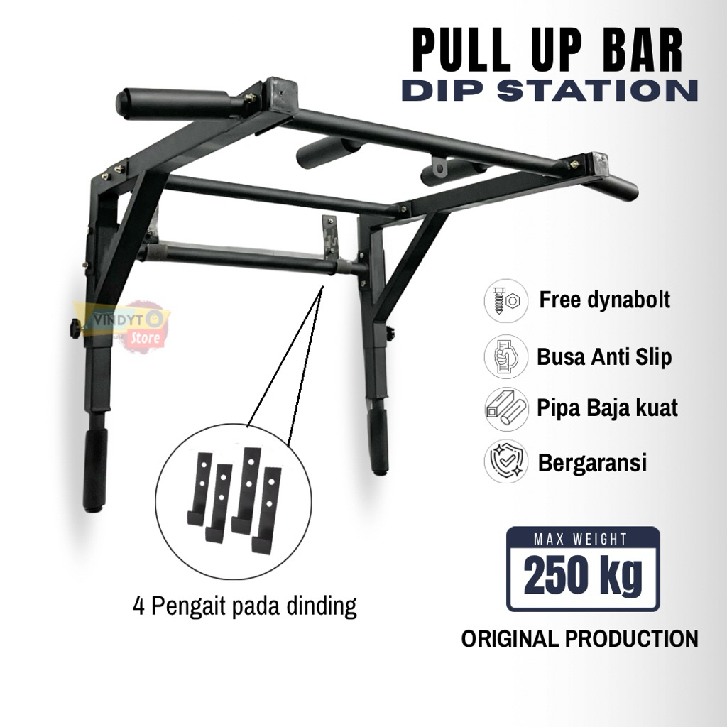 Pull Up Bar Dinding Multifungsi / Dip Station Gantung Tembok Max 250 KG Kuat dan Kokoh (Free Dynabol