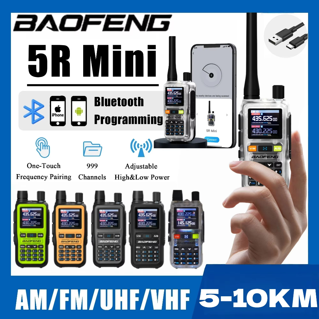 Walkie Talkie Baofeng UV5R Mini - Tipis, Transparan, Bluetooth, 999 Channel, Layar TFT 1.44", Batera