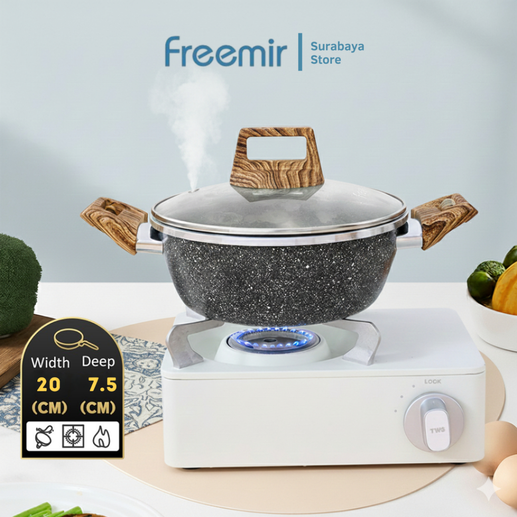 [Surabaya] freemir Wajan Panci Teflon Granite  20cm Gagang Kayu Anti Lengket Tutup Kaca Serbaguna