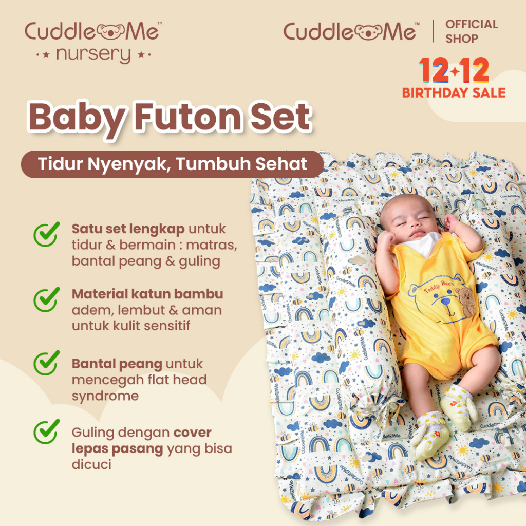CUDDLEME Nursery - Futon Set Bayi 3-in-1 Kasur Lipat + Bantal Peang Guling Katun
