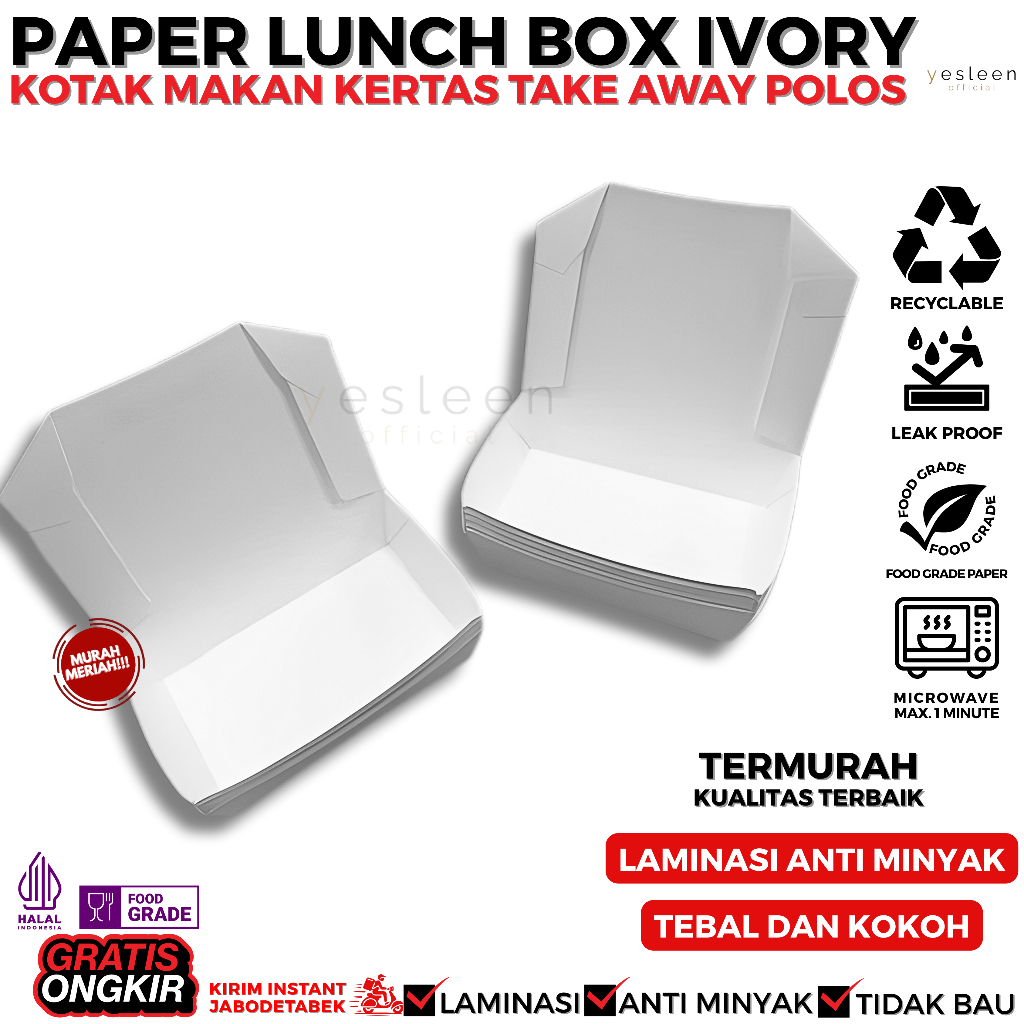 [PUTIH] Paper Lunch Box Polos Ivory Full Laminasi Size M/L | Kotak Makan Kertas Take Away Polos Isi 