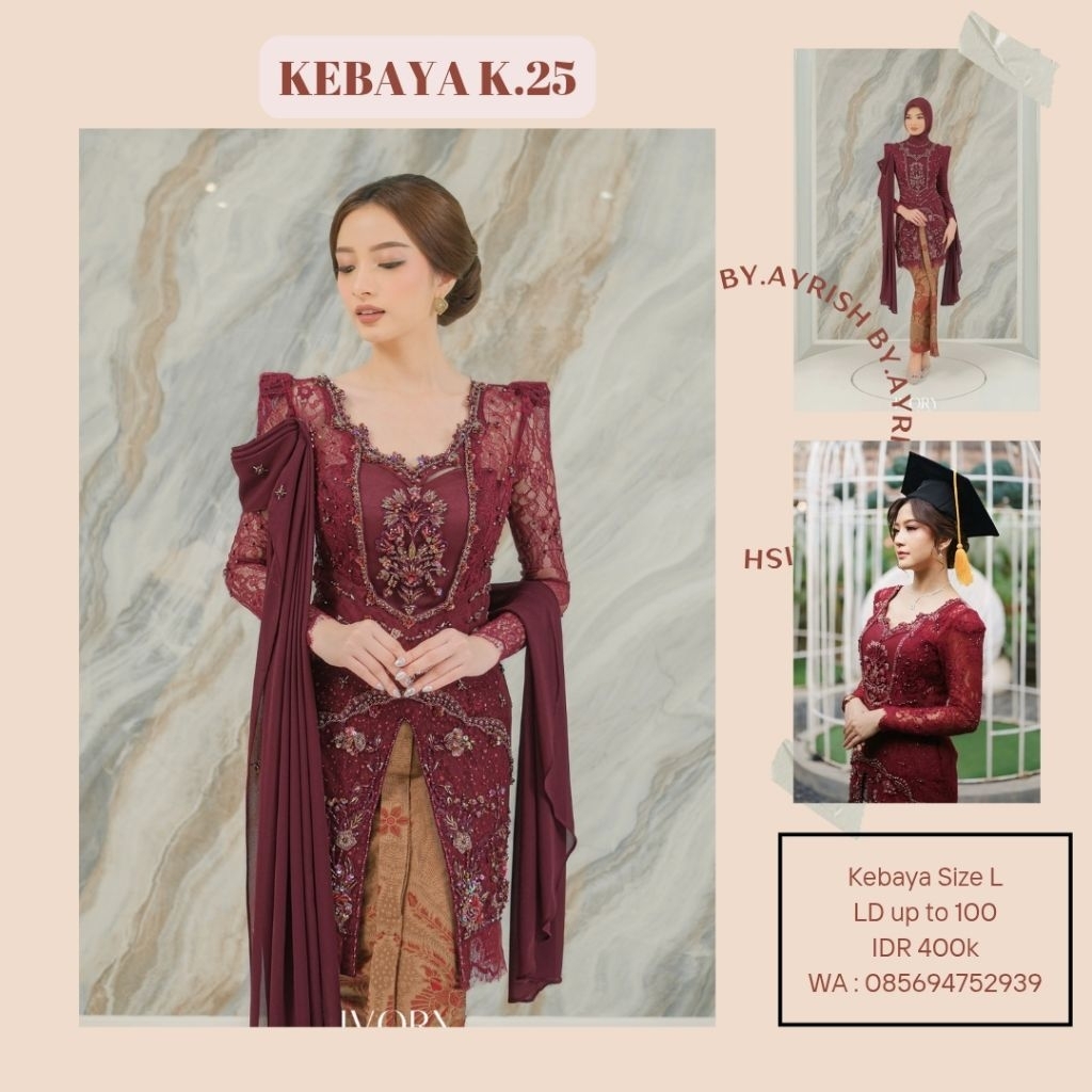 for rent / sewa kebaya burgundy ivory studio mewah premium