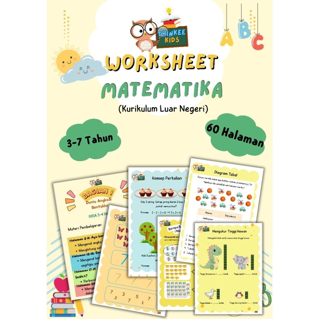 Worksheet Matematika Anak Kurikulum Luar Negeri 60 halaman | Free Map clear holder dan 1 set spidol 