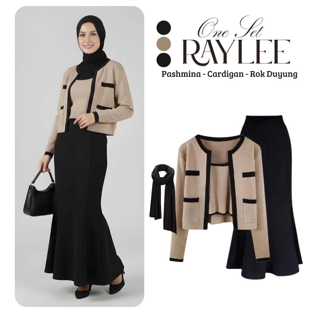 Raylee One Set 3in1 Outfit Muslim Korean Style | Pashmina Hijab - Cardigan Toply Rajut Mocca - Rok D