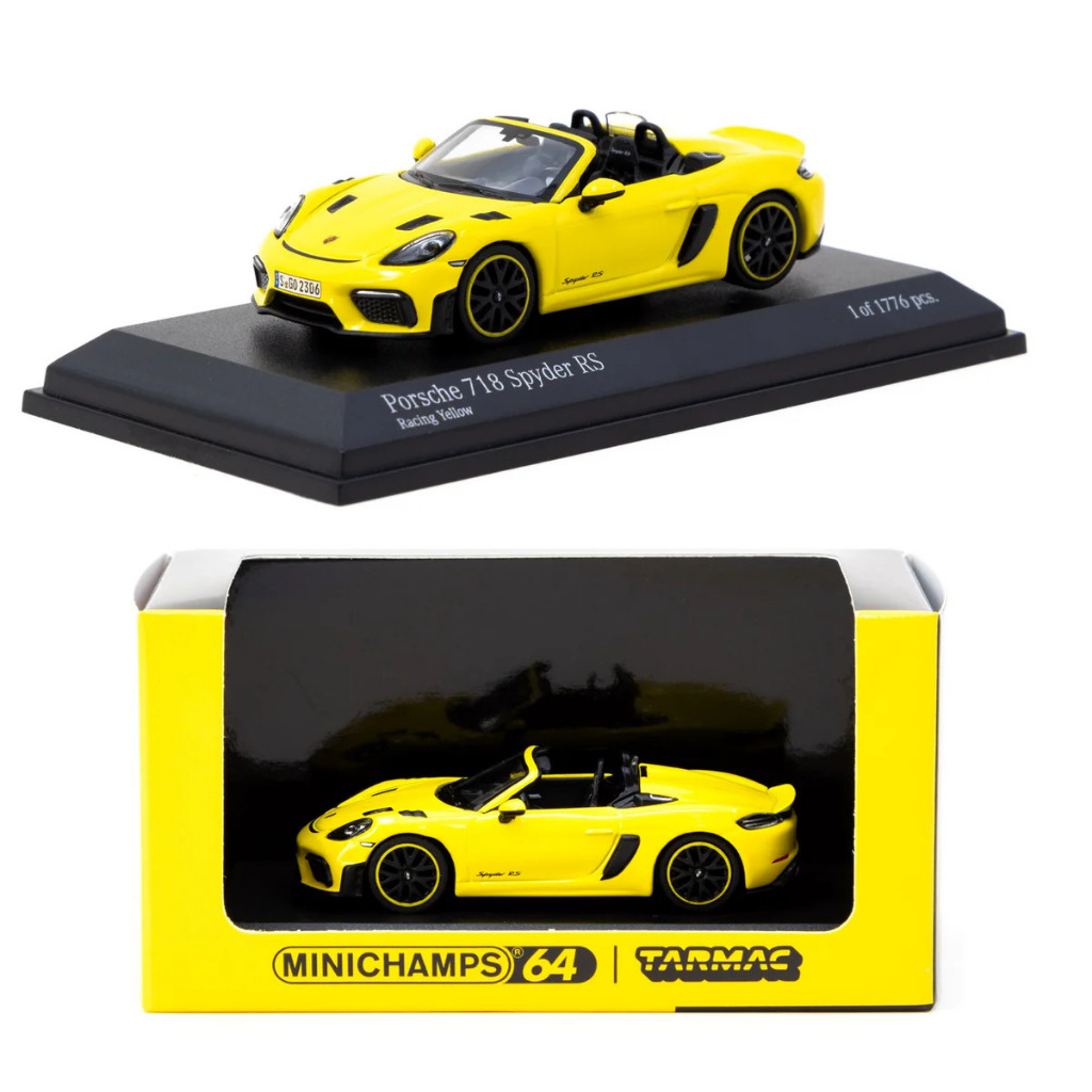 T64MC-008-RY - MINICHAMPS x Tarmac Works 1/64 Porsche 718 Spyder RS Racing Yellow