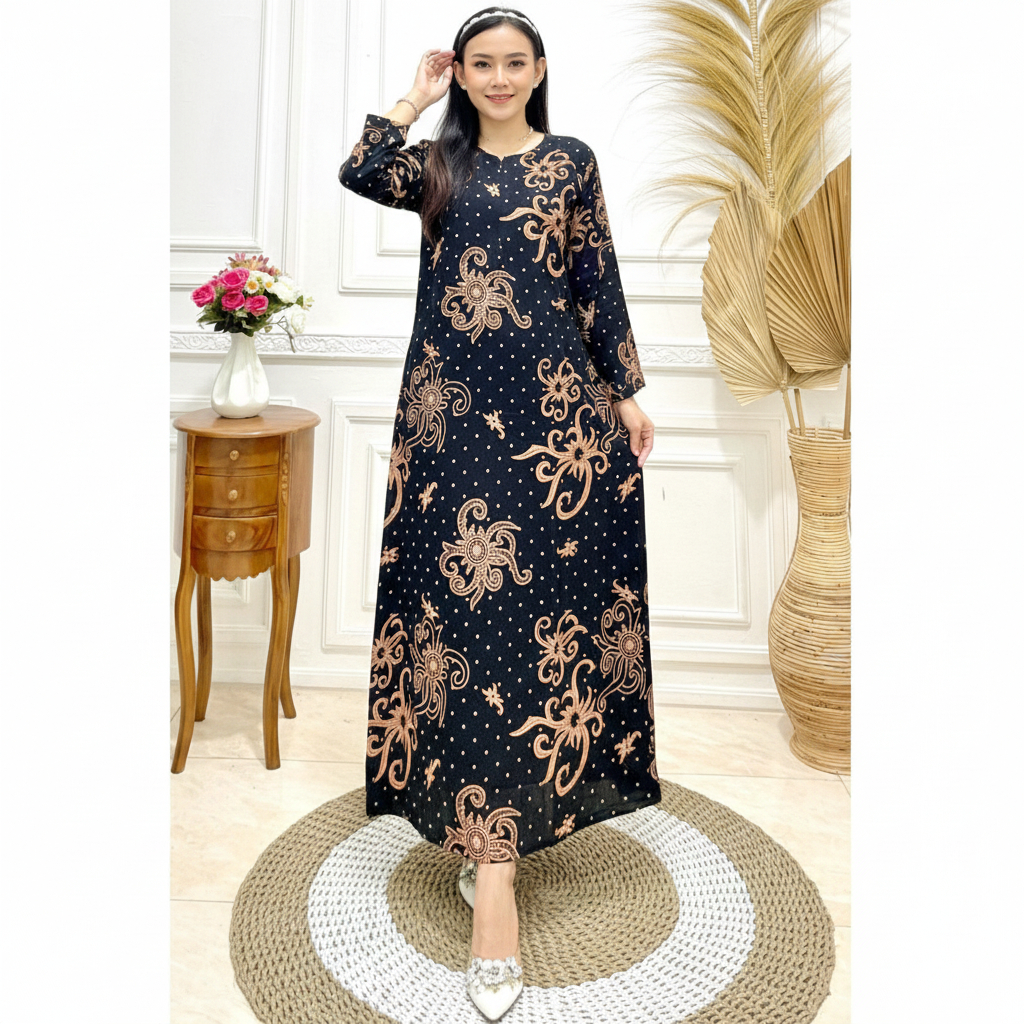 Baju Daster Motif Gurita Lengan Panjang Rayon Adem Busui Resleting Depan