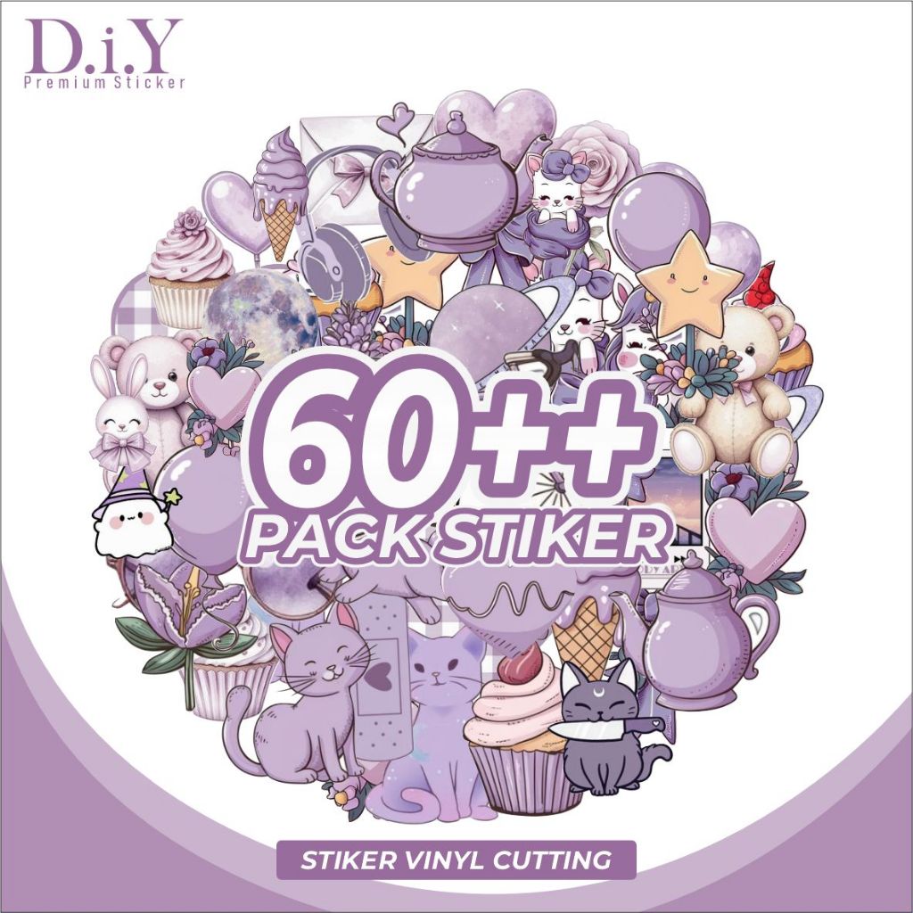 STIKER PACK 60PCS+ GAMBAR KARTUN ANIMASI QOCUETTE PINK UNGU / NAILONG / KUCING-STIKER DIY SCRAPBOOK
