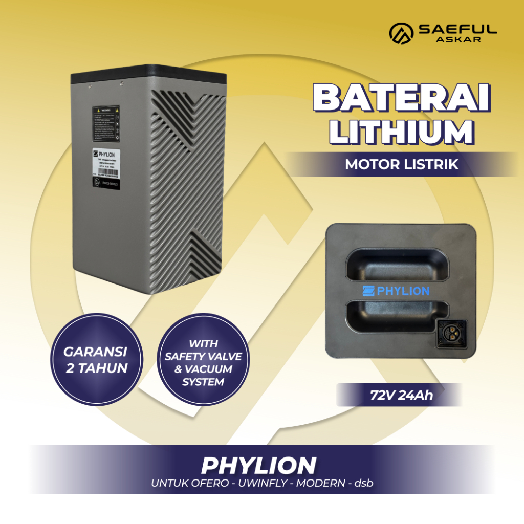 Baterai Lithium 72V Phylion + Kabel Soket + Charger untuk Sepeda Listrik Motor Listrik