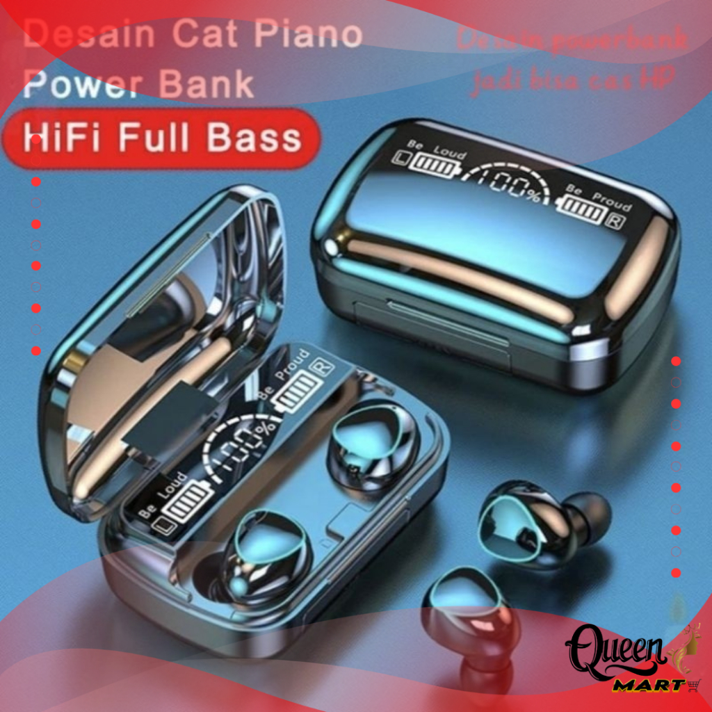 QM - HEADSET BLUETOOTH M10/F9 + Powerbank 3500MAH Earphone Wireless Bluetooth Full Bass TWS display