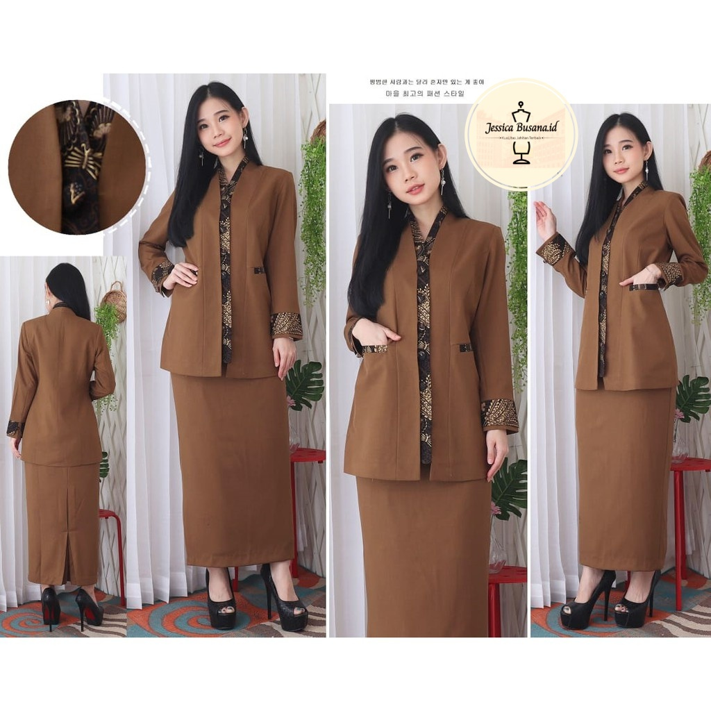 Blazer Seragam Wanita Lengan Panjang Kerah Mandarin Shanghai Variasi Batik 2 kantong bawah Set ROK S