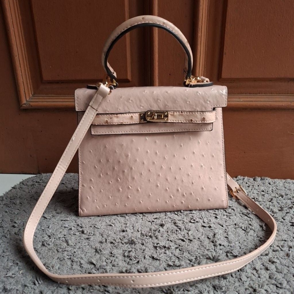Top Handle Bag Genuine Ostrich Leather Baby Pink, Tas Kulit Burung Unta Asli