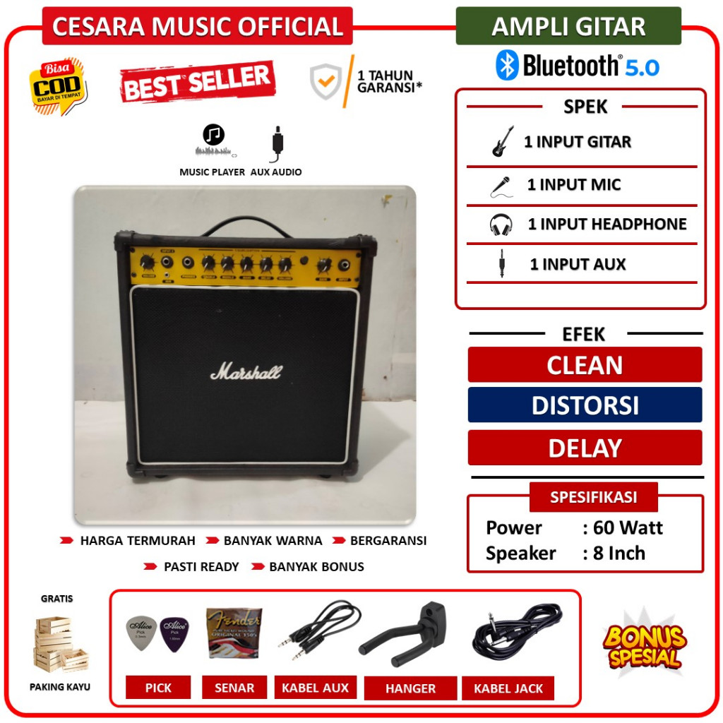 Ampli gitar & bass 3 input 8 Inch ada bluetooth bisa karaoke ada efek distorsi delay termurah