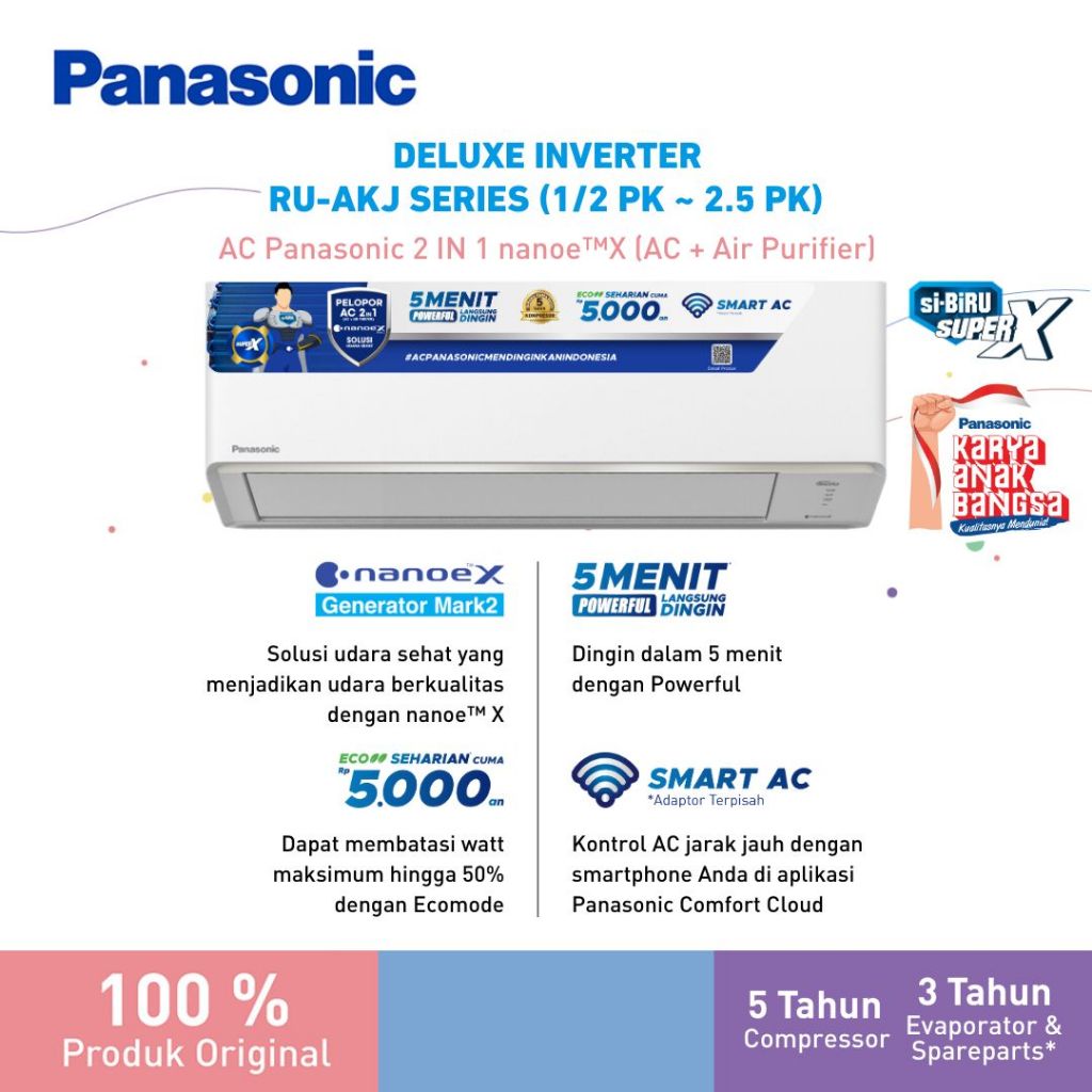 AC Panasonic Split Inverter 0.75PK / RU Series/ RU7AKJ 0.75PK / Daya Rendah