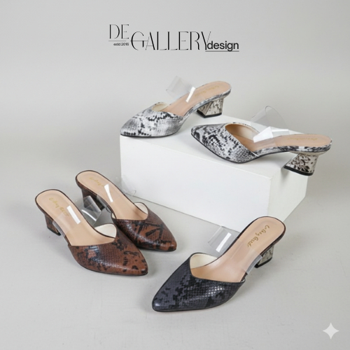 Mules Wanita Motif Kulit Ular Hak 5cm • Sandal Mules Block Heels Elegan Nyaman Kerja – RO-01