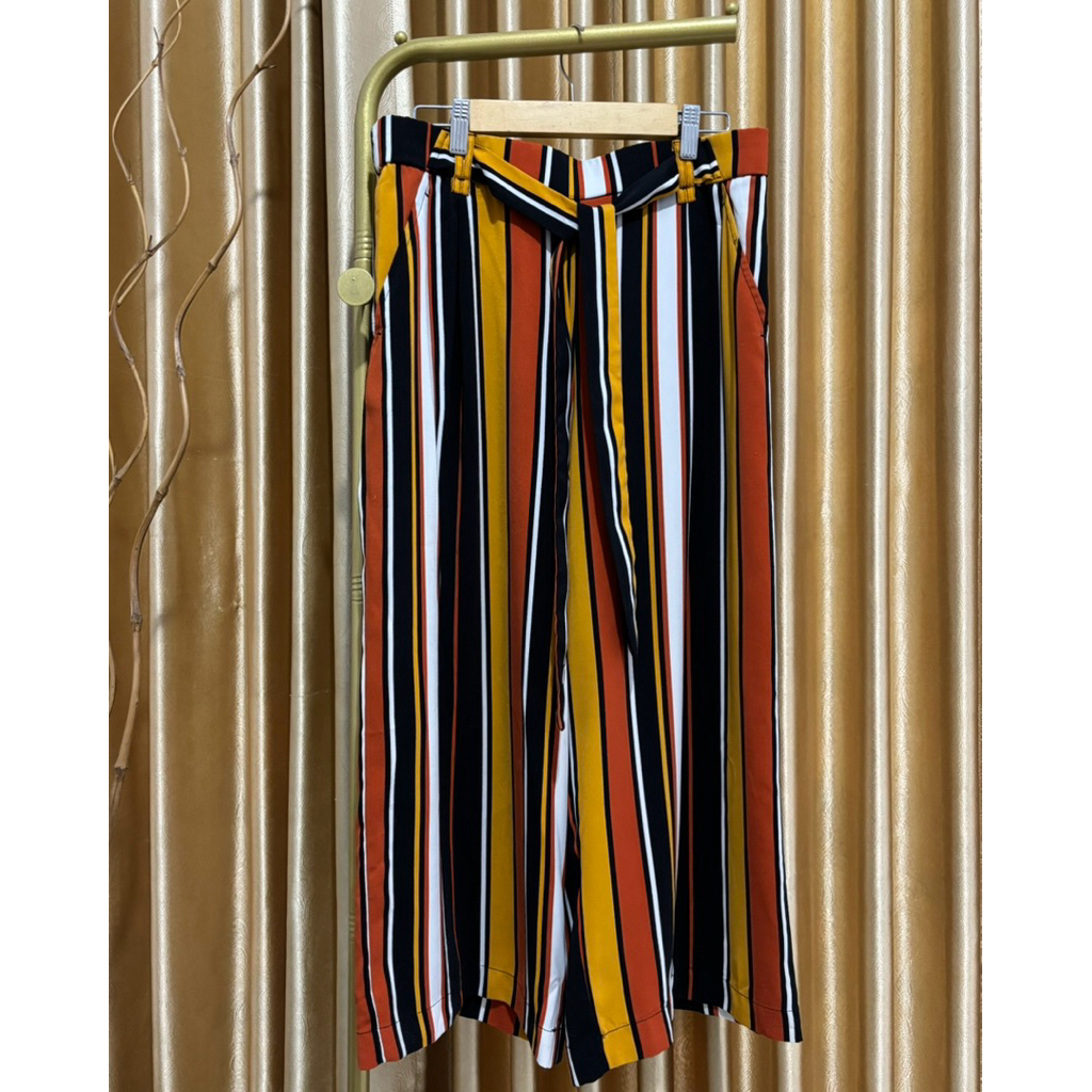 Celana motif salur garis garis wanita ZARA woman ladies girl size L pinggang karet long pants cullot